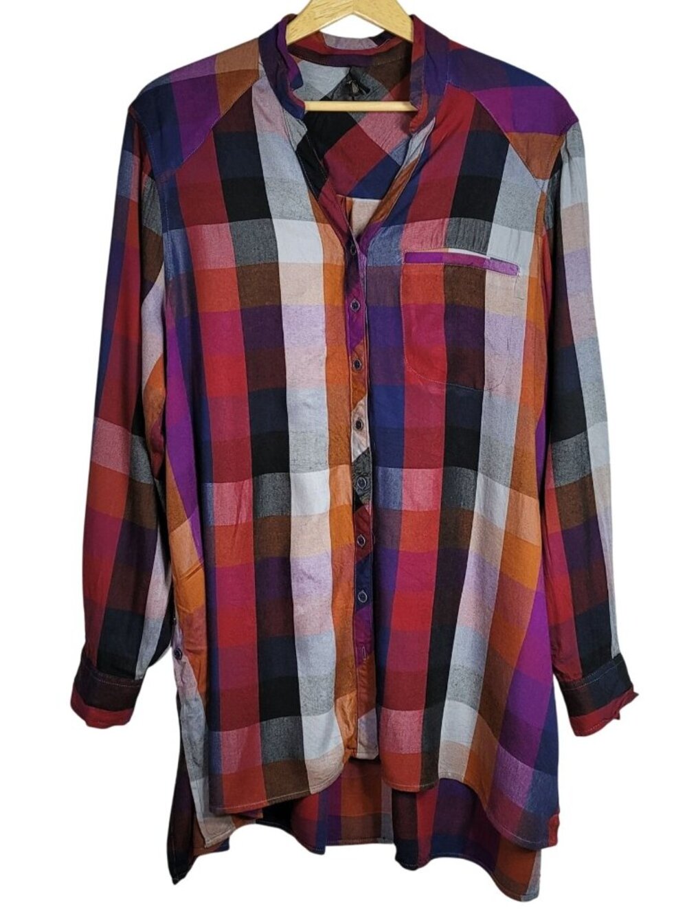 Melissa McCarthy Seven7 Plaid Button Top Purple Multicolor 1X Long Sleeve Tunic